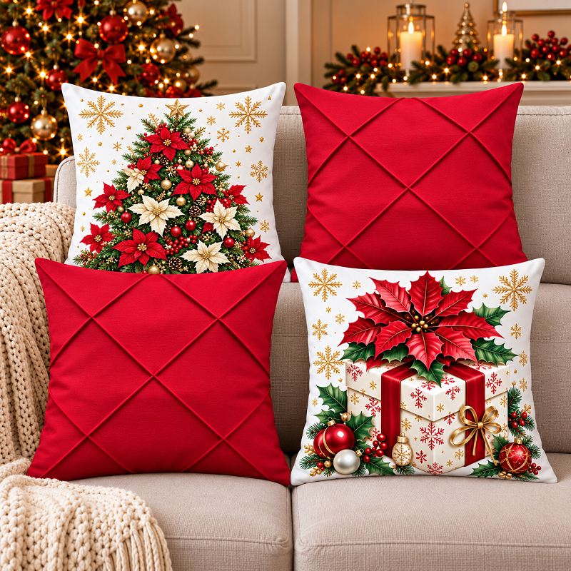 KIT 4 CAPAS DE ALMOFADAS DECORATIVAS NATAL PAPAI NOEL BONECO DE NEVE FELIZ NATAL  SUEDE TOQUE AVELUDADO  - TAMANHO 45X45