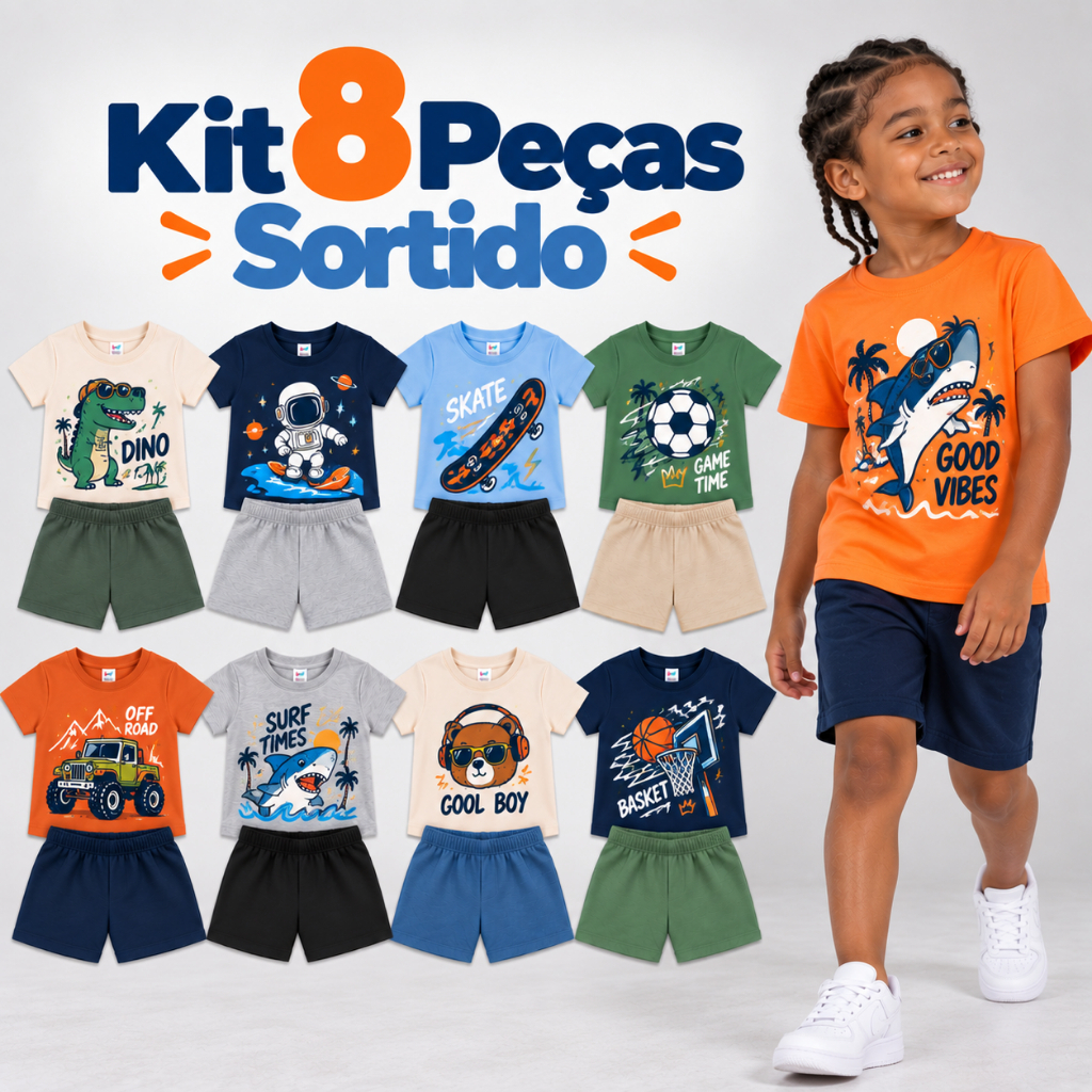 Kit 8 peças Roupa Infantil Masculina Menino Conjunto Camiseta e Bermuda Verão Algodao 4 conjuntos