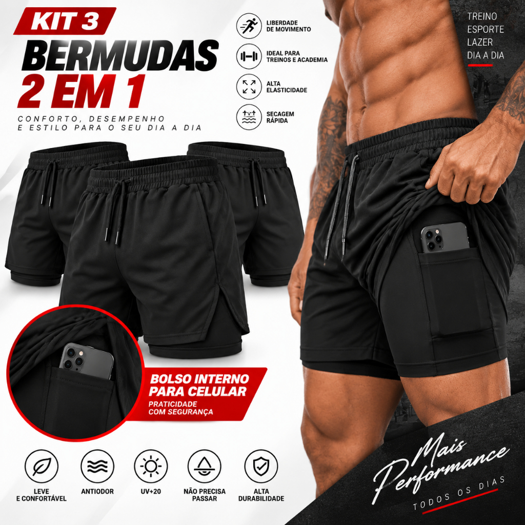 Kit 3 Shorts Masculinos Esportivos 2 em 1 Leve Confortável para Treinos