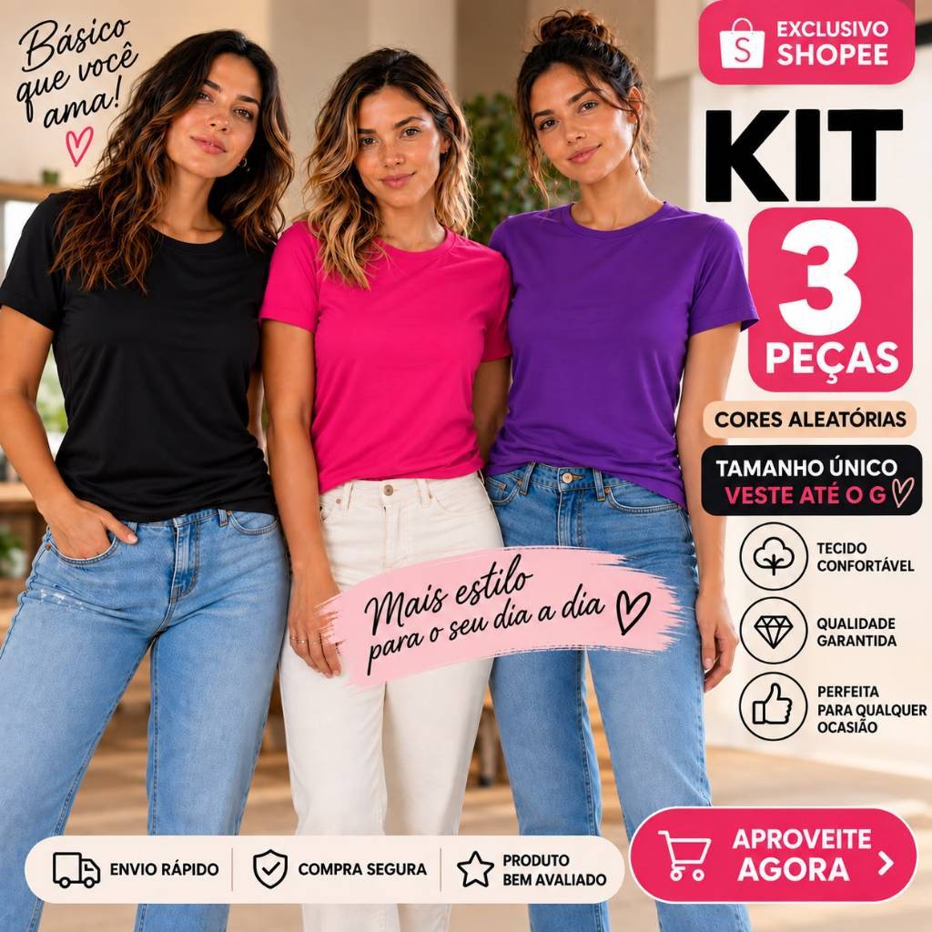 kit com 3 peças t-shirt no tecido suede cores vão sortidas veste Até 44