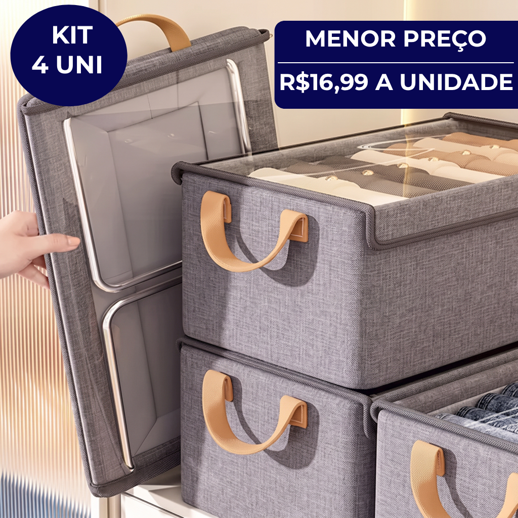 Kit até 4 Caixa Organizadora Grande Tampa Transparente Para Armário Guarda Roupa Dobrável Resistente Multiuso Roupas 28L
