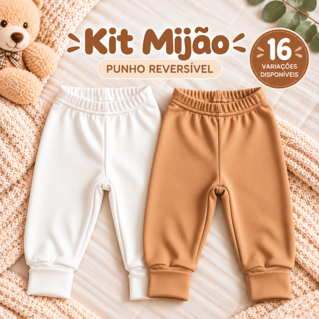 Kit 2 Calças Bebê Suedine Algodão Premium Punho Reversível Vira Pé Mijão Culote Menino Menina PP ao GG