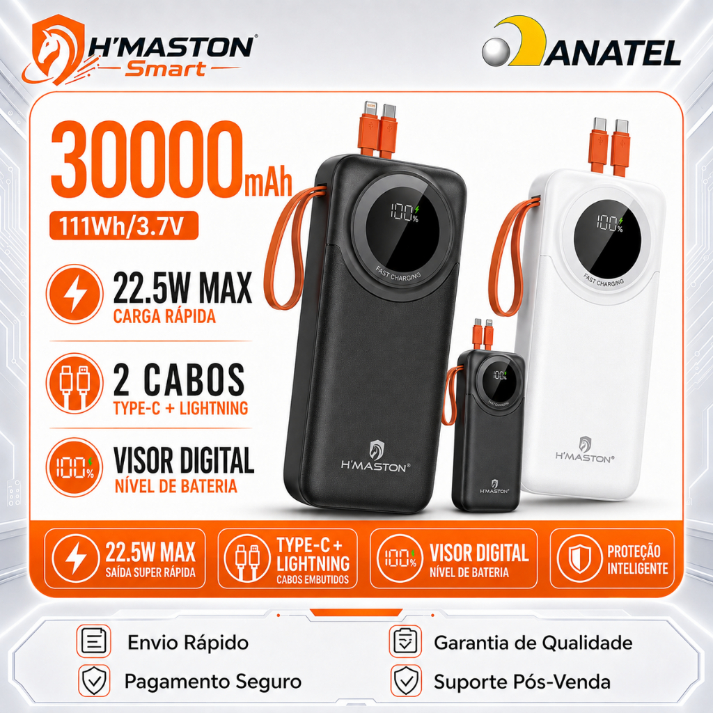 H'MASTON YD66 Power Bank 30000mAh Carregador Portátil Para Celular Carregador De Celular Portátil Bateria Portátil