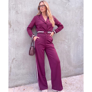 Conjunto Feminino Elegante de Blazer Cropped e Calça Pantalona Conjunto Alfaiataria