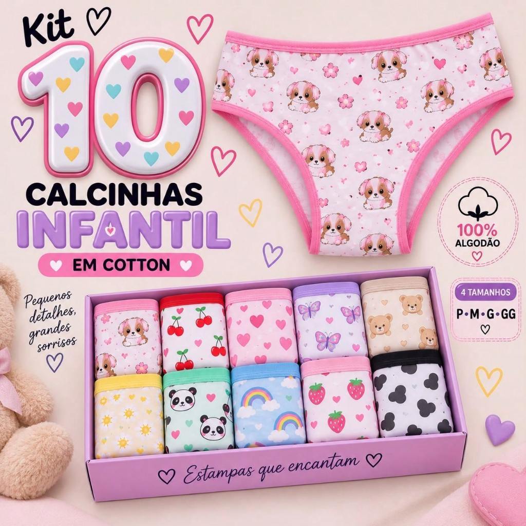 Kit com  Calcinhas Menina Infantil de Algodão Confortável