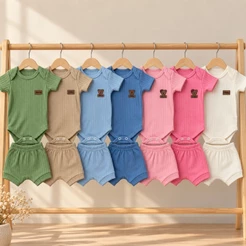 Conjunto Bebê Menino Menina Body E Short Canelado 100% Algodão Manga Curta Unissex Roupa De Bebê Verão Bory