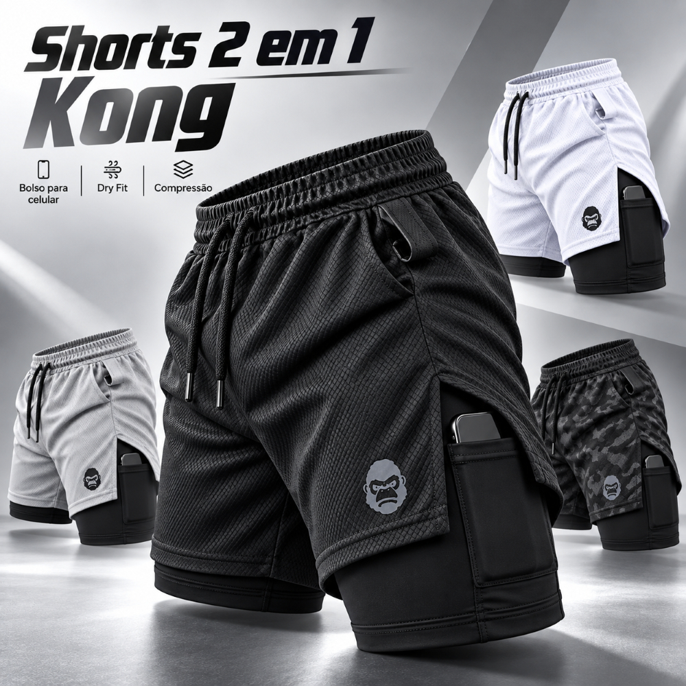 Shorts Masculino 2 em 1 Dry Fit Academia Corrida Bermuda de Compressão com Bolso Celular Kong
