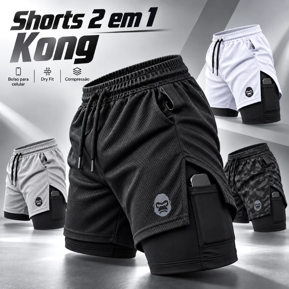 Shorts Fitness Masculino com Forro Duplo e Bolso para Celular Kong