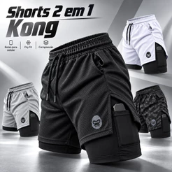 Shorts Masculino 2 em 1 Dry Fit Academia Corrida Bermuda de Compressão com Bolso Celular Kong