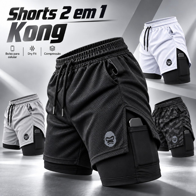 Shorts Masculino 2 em 1 Dry Fit Academia Corrida Bermuda de Compressão com Bolso Celular Kong