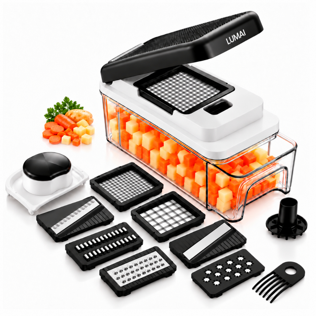 LUMAI Cortador Multifuncional Legumes Picador Ralador Mandoline 7 em 1, Lâminas Inox Cesto 1,2L Removível
