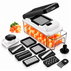 LUMAI Cortador Multifuncional Legumes Picador Ralador Mandoline 7 em 1, Lâminas Inox Cesto 1,2L Removível