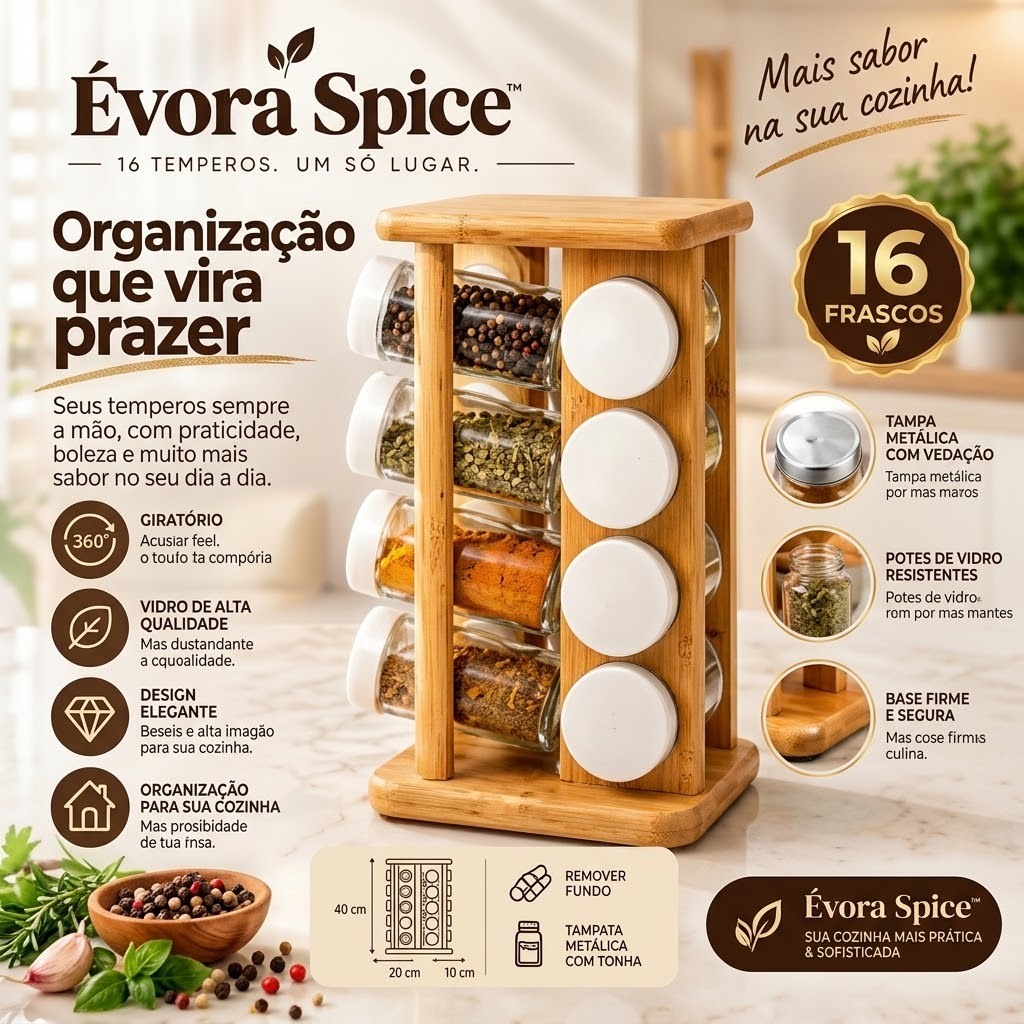 Porta Temperos Giratório 16 Potes de Vidro Organizador de Cozinha Suporte para Condimentos