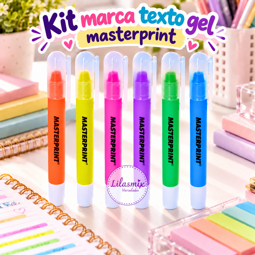 Kit 6 Canetas Marca Texto em Gel Masterprint – Não Mancha Ideal para Bíblia Vade Mecum e Estudos