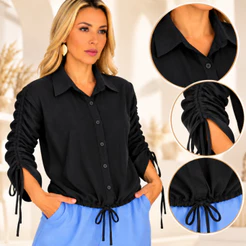 Camisa verão Feminina com ajuste nas mangas e cintura 100% Viscose entrega imediata
