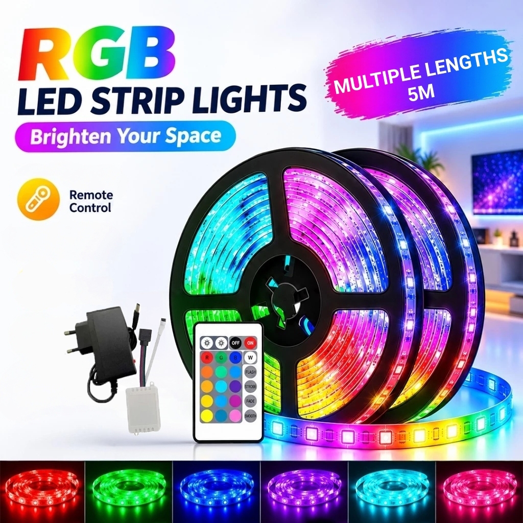 Fita de LED RGB 3528 Colorida 5m 300 LEDs com Controle – Decoração para Quarto, Casa, Loja e Teto de Gesso