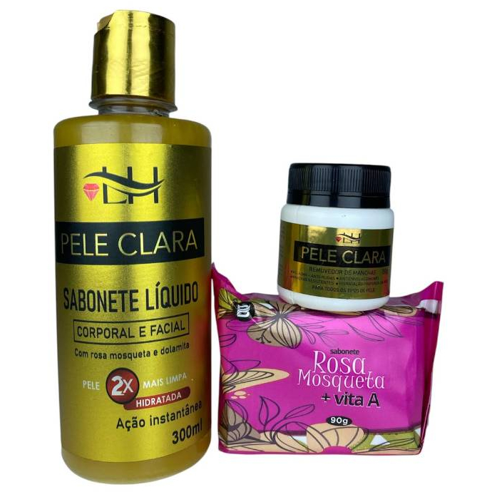 Kit Clareador Creme Pele Clara Sabonete Rosa Mosqueta e Sabonete Líquido Pele Clara LH