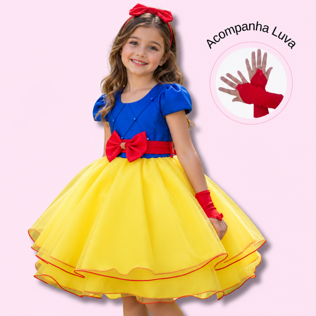 Vestido Infantil Juvenil Menina Princesa Branca de Neve Festa Fantasia Curto