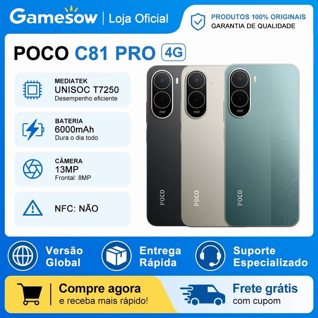 Xiaomi Poco C81 PRO 4G, Versão Global, Processador UNISOC T7250, Bateria 6000mAh, 64GB, 128GB, 256GB + 4GB RAM