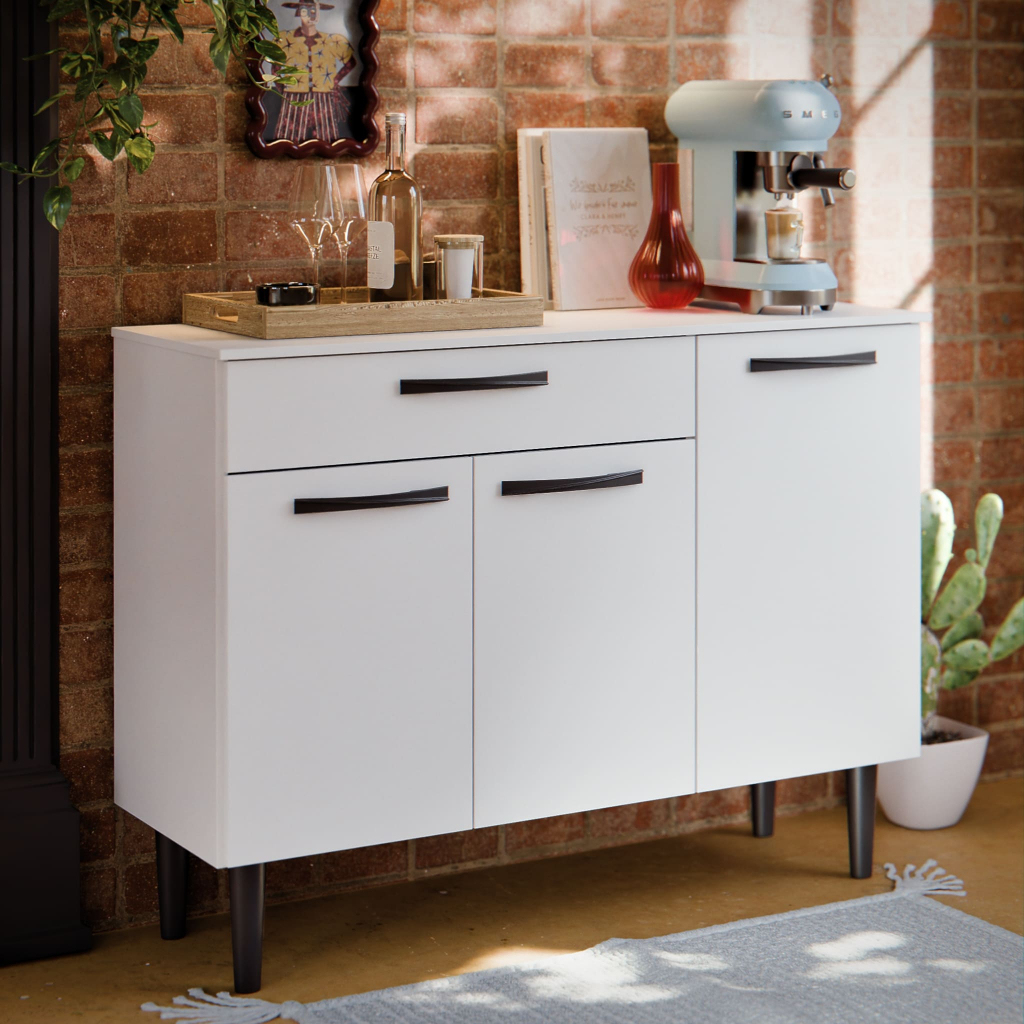 Balcão de Cozinha 3 Portas e Gaveta Completo Gabinete Com Tampo Multiuso 90CM Compacto Cantinho do Café Europa