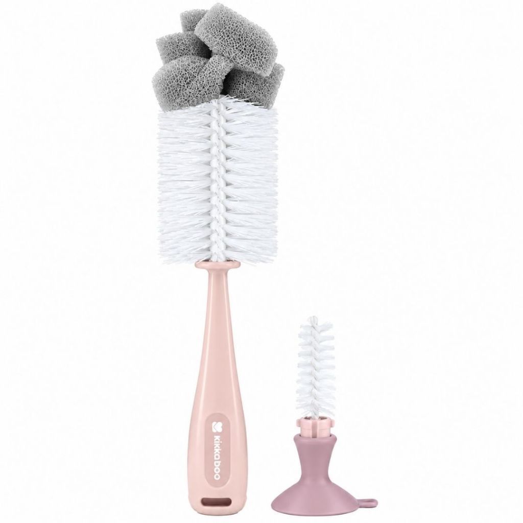 Escova Lavar Mamadeira 2 em 1 Limpador de Bico Com Ventosa Bebê Sem BPA Macia Rosa Pink Kikkaboo