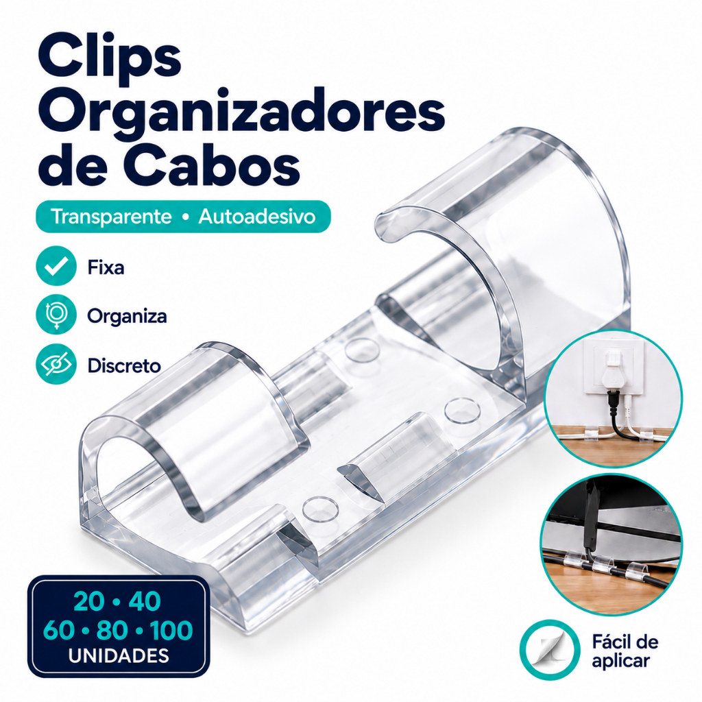 Kit 20/40/60/80/100 Clips Fixador Organizador de Fios e Cabos Autoadesivo Transparente Prendedor Colante Adesivo