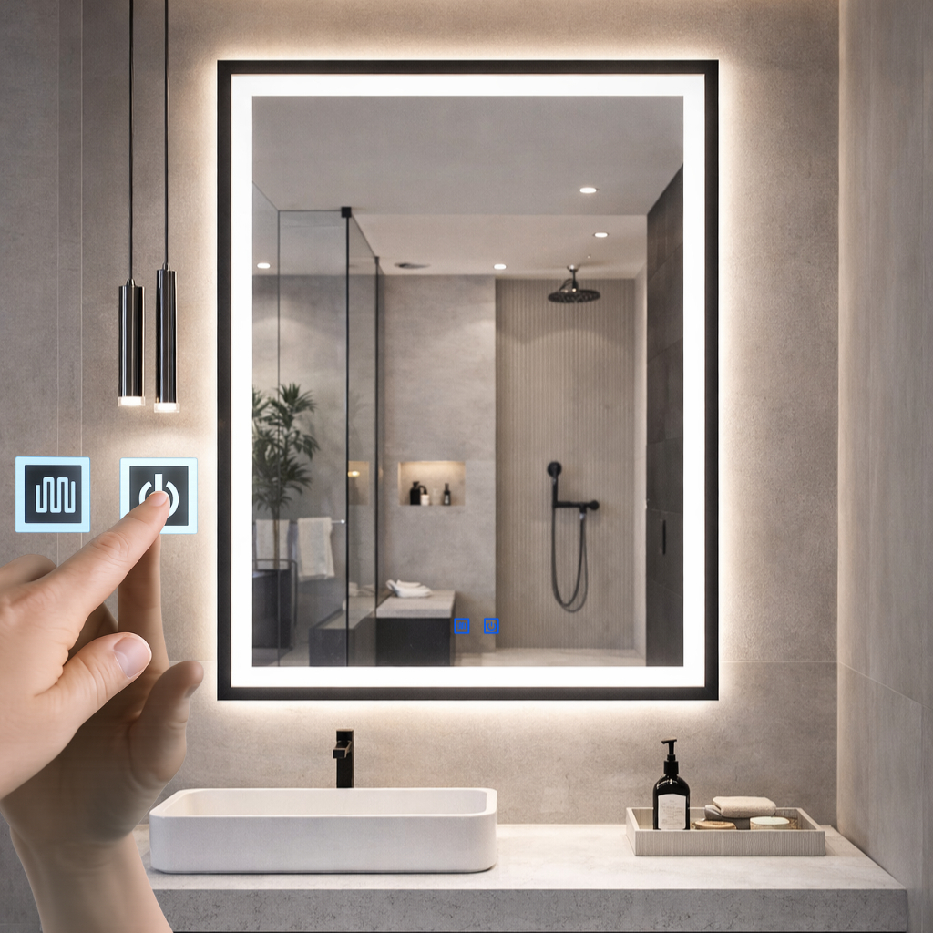 Espelho Led Para Banheiro Touch 3 Cores de Luz Com Desembaçador e Display Digital 80x60 cm Bivolt
