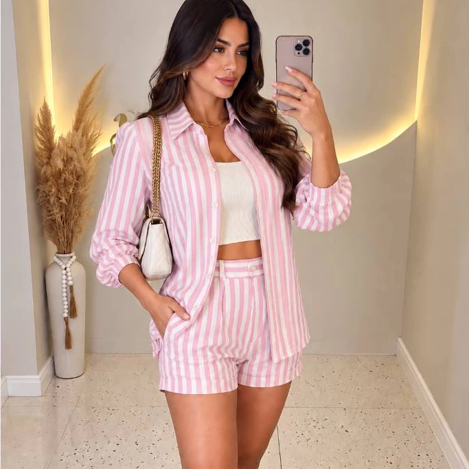 Conjunto Alfaiataria Linho Feminino Camisa e Short Verão Casual Elegante Roupa Feminina Leve — imagem 1