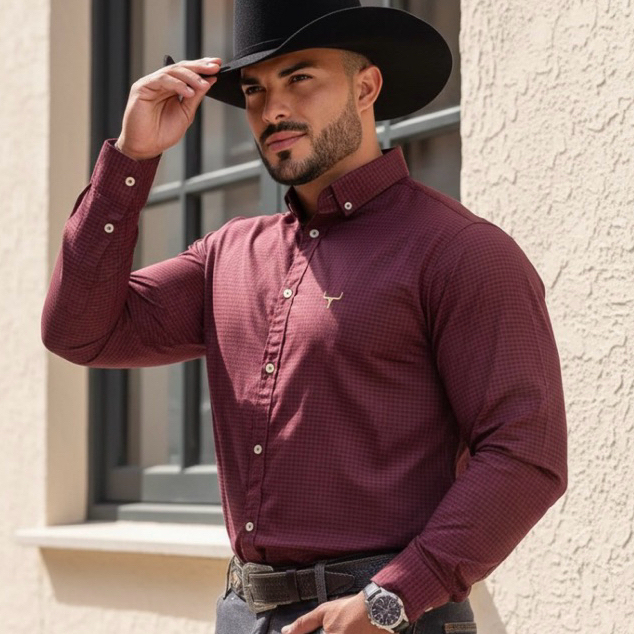 Camisa Xadrez Manga Longa Masculina Social Country Bordada Lida de Boiadeiro Premium
