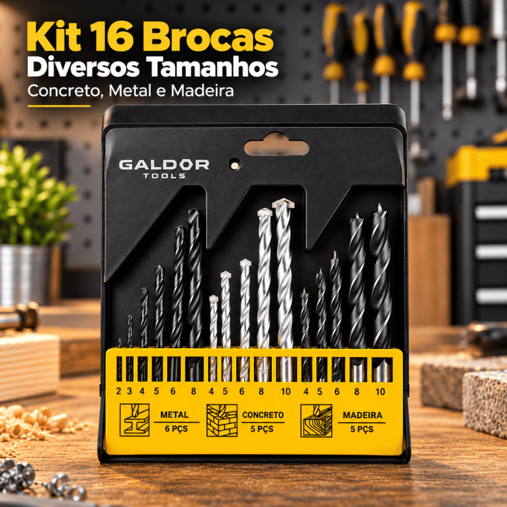 Kit Jogo Brocas 16 Peças Fura Ferro Concreto Madeira Aço Vídea Multiuso Para Furadeira Com Estojo Profissional