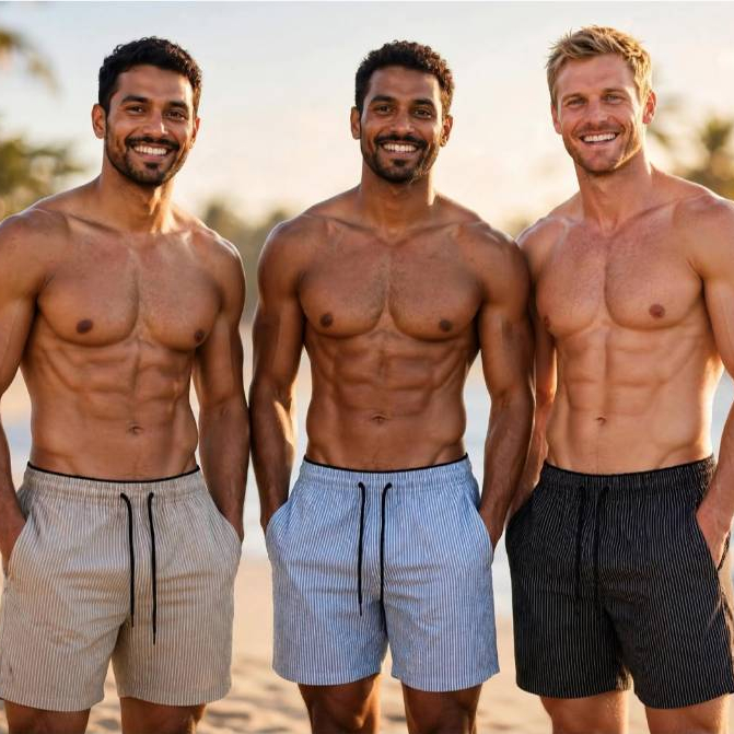 Kit com 3 Shorts de Praia listrados Pretos com elástico e Cordão Masculinos Novas Estampas Risca de Giz