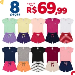 Kit Feminino Infantil 8 Peças Roupa Básica Menina Verão Conjunto Liso Algodão Tamanho 1 ao 14