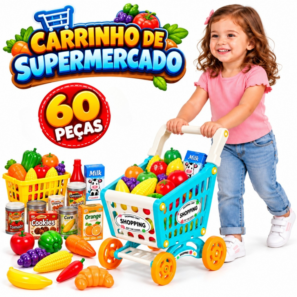 Carrinho de Compras Mercadinho Supermercado Brinquedo Infantil Com Acessórios 60 Peças Menino ou Menina Castela