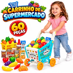 Carrinho de Compras Mercadinho Supermercado Brinquedo Infantil Com Acessórios 60 Peças Menino ou Menina Castela