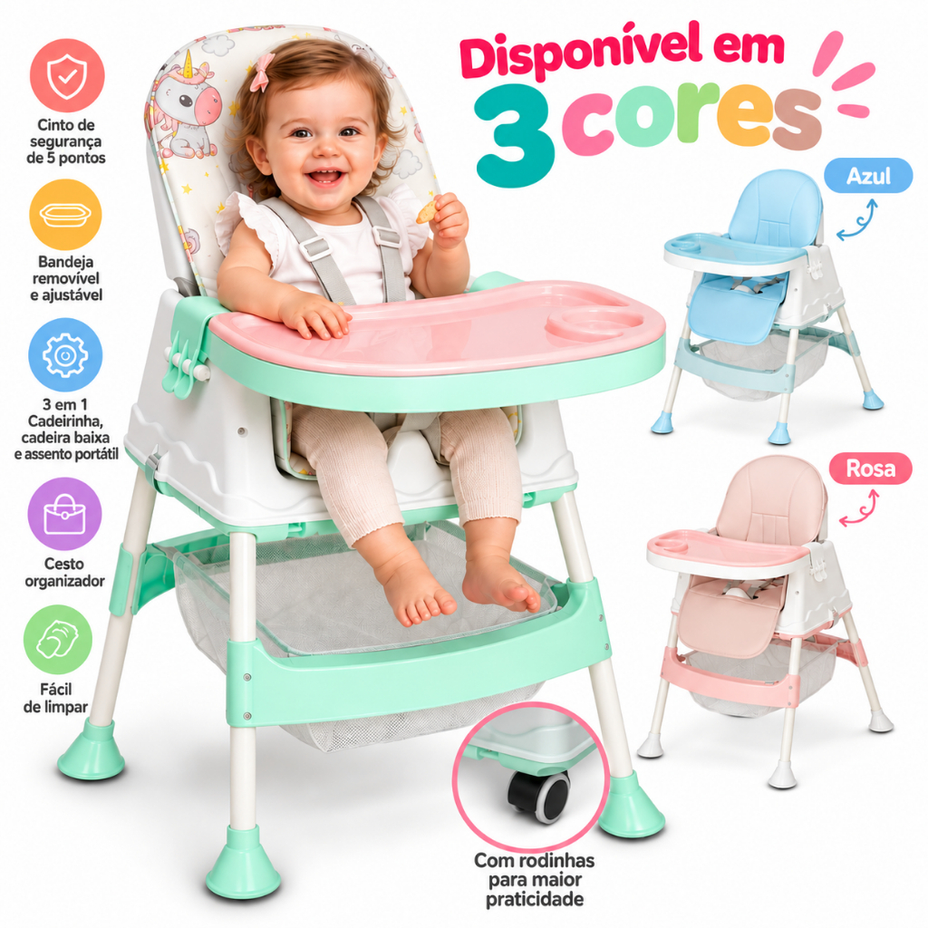 Cadeirinha de Alimentação Infantil Cadeira Portatil Alta Multifuncional com Rodas Booster Refeição