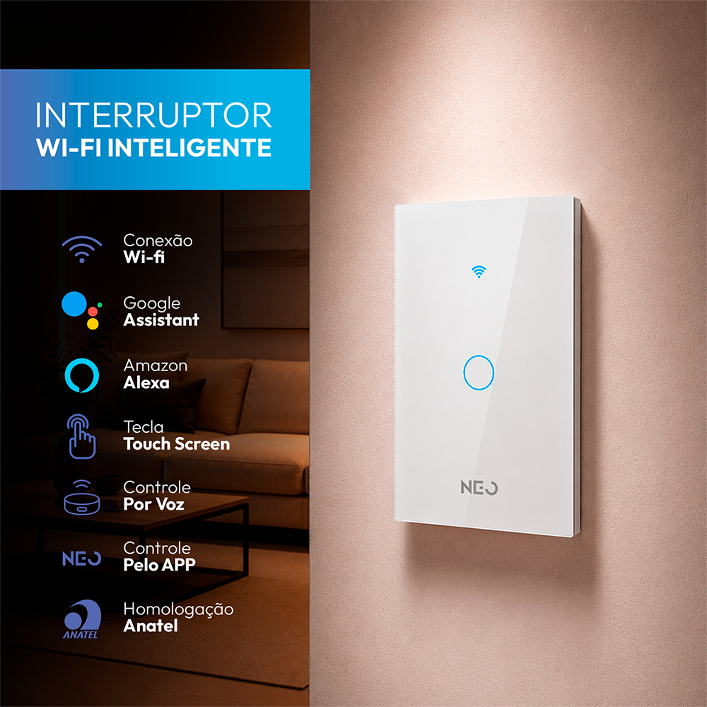Kit 2, 3 ou 4 Interruptor Inteligente Wi-fi 2.4 GHz Alexa google 1 Botão 4x2 Branco Neo Avant