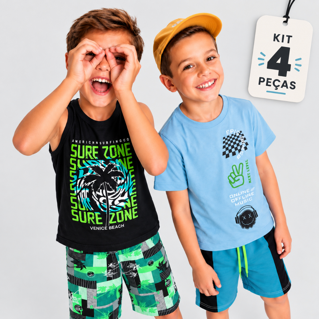 Kit 2 Conjuntos Infantil Masculino Verão Camiseta Algodão + Bermuda Moletinho Sortido 1 a 16 Anos