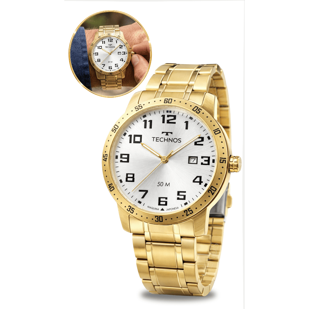 Relógio Technos Masculino Analógico Dourado Pulseira Em Aço Inoxidável Calendário Prova D'água 50 Metros Original