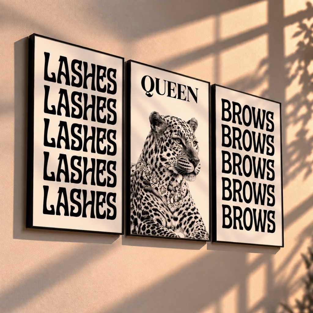 Quadros Decorativos Cílios Sobrancelhas Queen Leopardo Kit Studio Beleza Maquiagem Salão (3 peças)