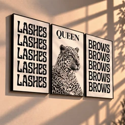 Quadros Decorativos Cílios Sobrancelhas Queen Leopardo Kit Studio Beleza Maquiagem Salão (3 peças)