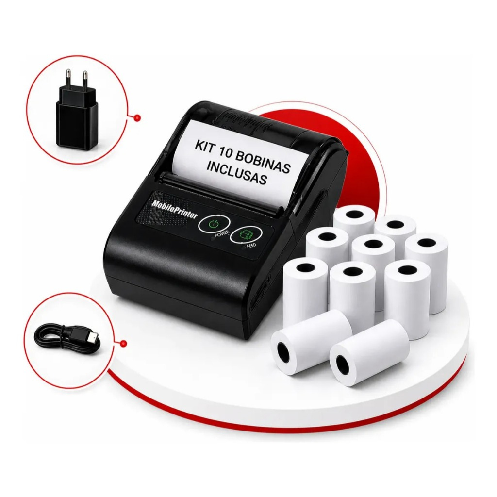 Mini Impressora Bluetooth Portatil Termica 58mm + 10 Bobinas Inclusas Delivery Nota Pedidos