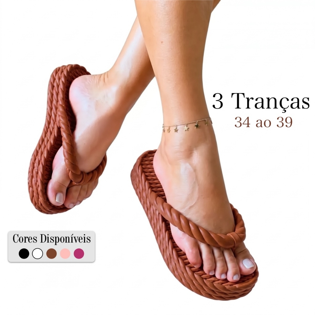 Sandália Chinelo Feminino 3 Tiras Plataforma Flatform Nuvem Trançado Leve Confortável Ortopédico Anatômico Antiderrapant