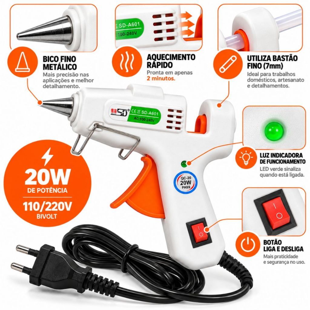 Pistola De Cola Quente Bivolt 20W Botão Liga e Desliga Bastões De Cola Fina Profissional