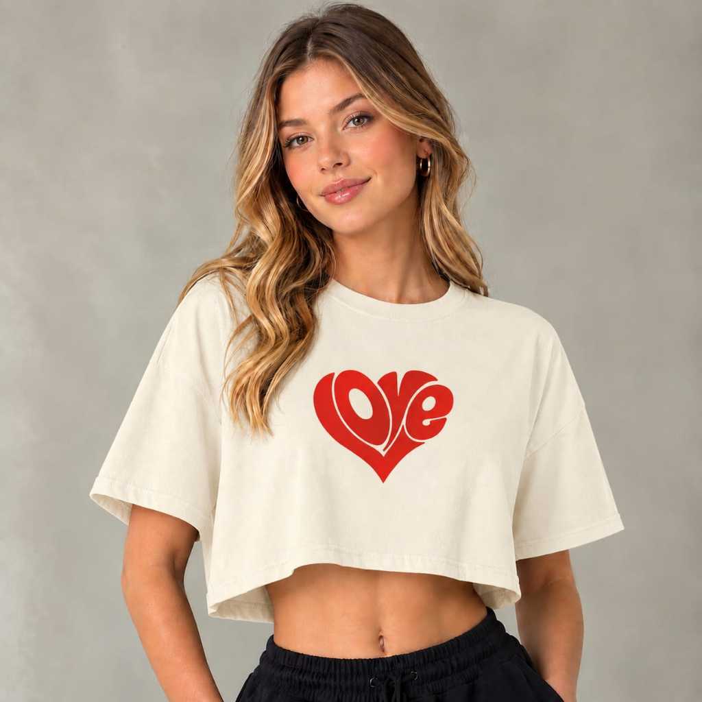 Cropped Oversized Feminino Love Estampa DTF 100% Algodão 30.1 Liso Premium Básico Casual