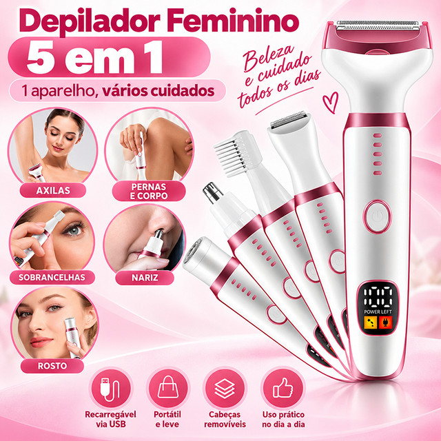 5 em 1 Depilador Elétrico Feminino Barbeador Aparador de Pelos Corporais Nariz pelos íntimos Rosto