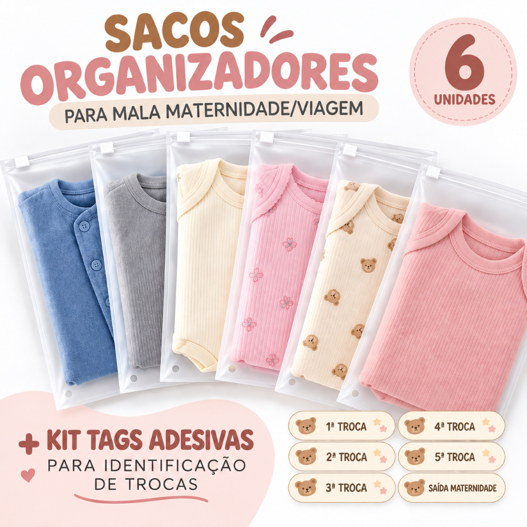 Kit 6 Sacos Saquinhos Fosco Mala Viagem Maternidade Roupa Acessórios Higiene Bebe Zip Lock Hermético