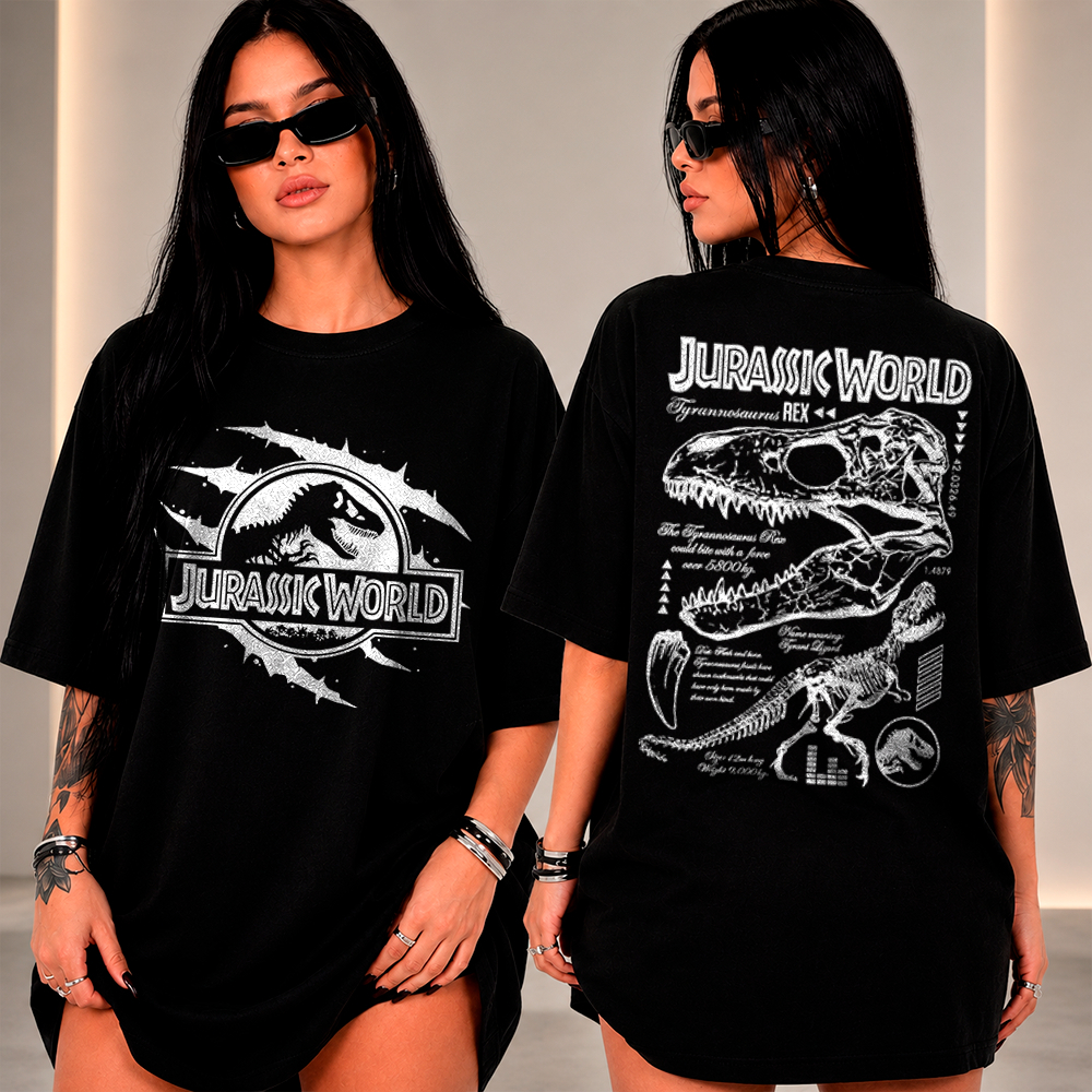 Camiseta Basica OU Ovdrsized Estilosa Jurassic World Park Dinossauro Filme T-rex Anatomia Biografia Algodão Unissex