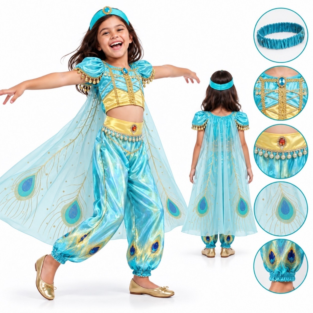 Fantasia Jasmine Vestido Carnaval Menina Luxo Disney Princesa + Coroa