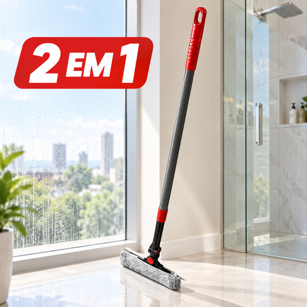 Rodo Limpa Vidros 2 em 1 Esfregão Microfibra Cabo Extensível 1,5m Giro 360° Janelas Espelhos Box