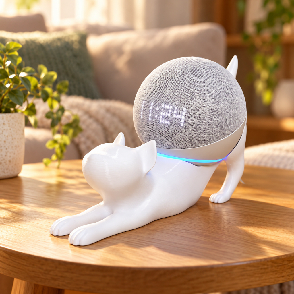 Suporte Alexa Echo Dot 4 e Dot 5. Tema GATO PREGUIÇA. Presente, decoração, som, stand de mesa Amazon